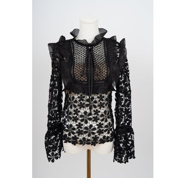 Self-Portrait Black Lace Long Sleeve Evening Blouse Top Size 4 - Picture 1 of 3